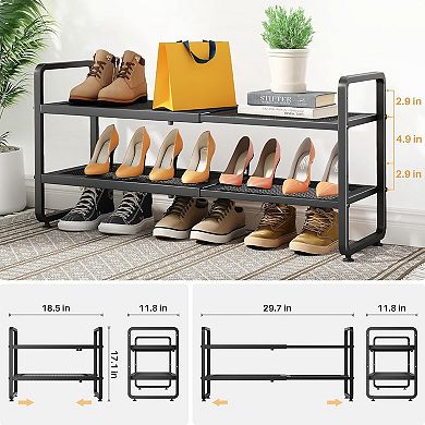 Shoe Rack, Adjustable Metal Shoe Shelf Storage, 2 Tier Stackable Long Shoe Stand Holder for Garage