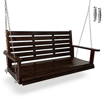 Wooden Porch Swing, Ergonomic Seat, Bench Swing with Hanging Chains and Springs, Heavy Duty 880 LBS