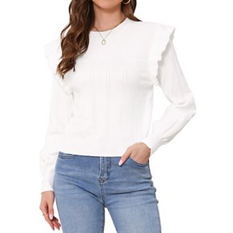 Women's Cropped Sweaters Pullover Crew Neck Cute Ruffle Long Sleeve Knit Sweater Tops Casual Outfits