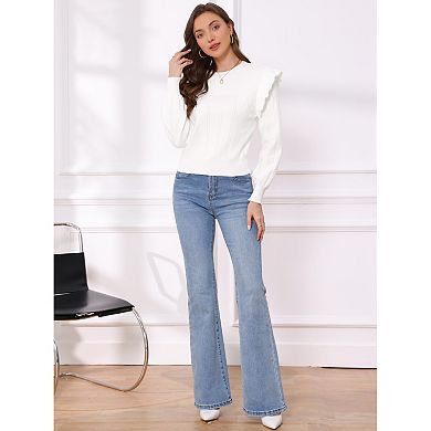 Women's Cropped Sweaters Pullover Crew Neck Cute Ruffle Long Sleeve Knit Sweater Tops Casual Outfits