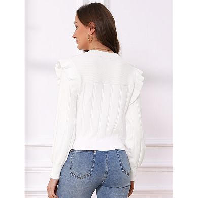 Women's Cropped Sweaters Pullover Crew Neck Cute Ruffle Long Sleeve Knit Sweater Tops Casual Outfits