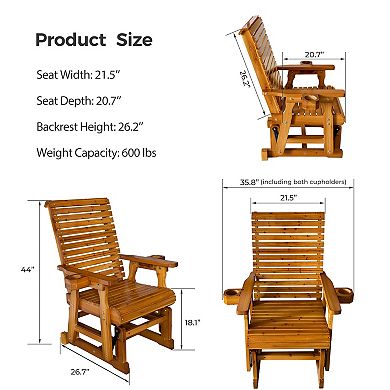Patio Glider with Cup Holders, High Roll Back and Deep Contoured Seat,Heavy Duty 600 Lb