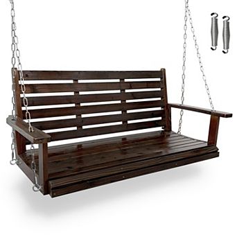Wooden Porch Swing, Ergonomic Seat, Bench Swing with Hanging Chains and Springs, Heavy Duty 880 LBS