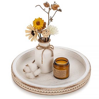White Washed Bead Round Tray Decor for Coffee Table