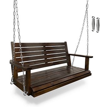 Wooden Porch Swing, Ergonomic Seat, Bench Swing with Hanging Chains and Springs, Heavy Duty 880 LBS