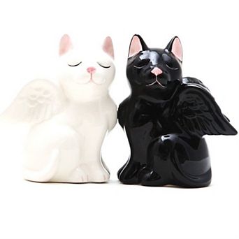 Black and White Angel Kitty Cats Ceramic Magnetic Salt and Pepper Shaker Set