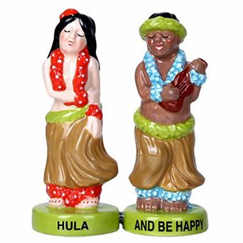 Hawaiian Hula Dancer with Ukulele Musician Ceramic Magnetic Salt and Pepper Shaker Set
