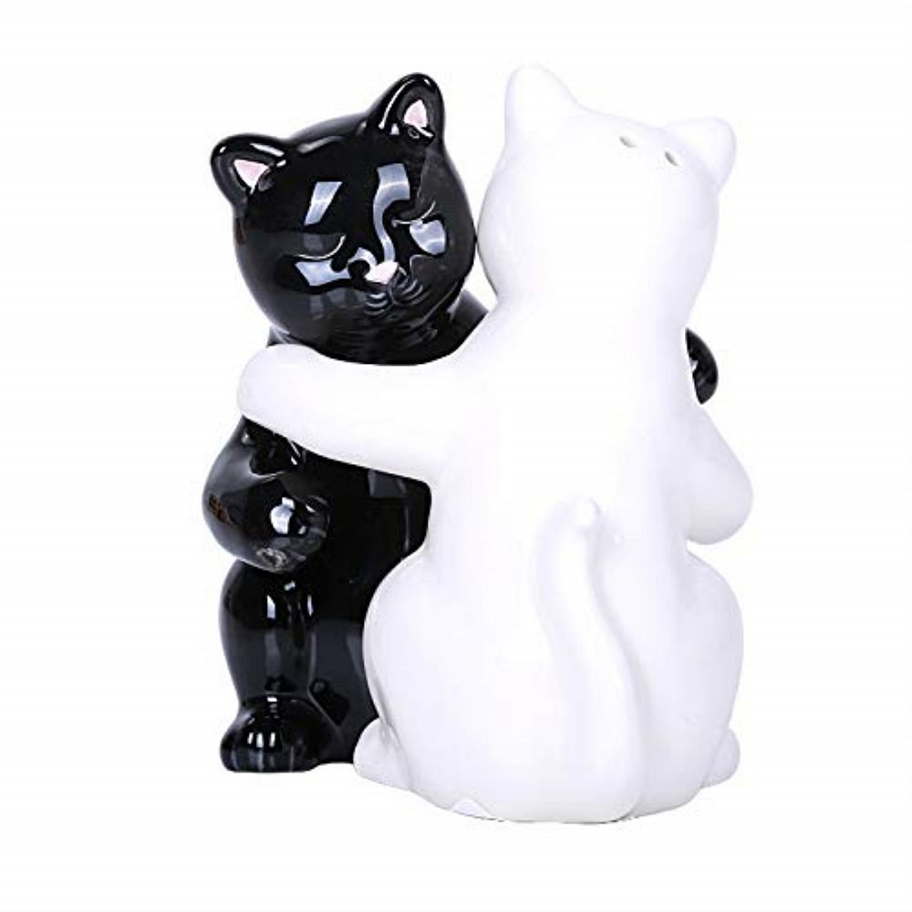 Hugging Kitty Cats Ceramic Salt and Pepper Shakers Black and White Magnetic