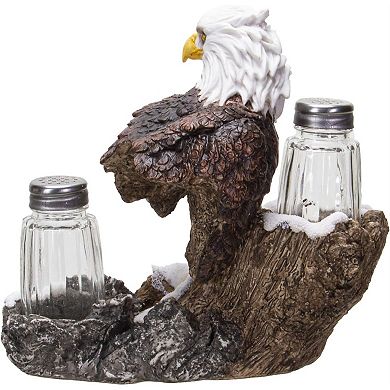 American Bald Eagle Decorative Glass Salt and Pepper Shakers Set with Resin Holder Stand
