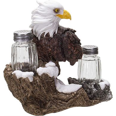American Bald Eagle Decorative Glass Salt and Pepper Shakers Set with Resin Holder Stand