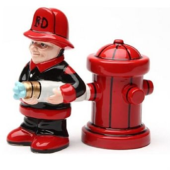 Fireman with Hose and Hydrant 4 Inch Ceramic Magnetic Salt and Pepper Shaker Set Novelty Gift