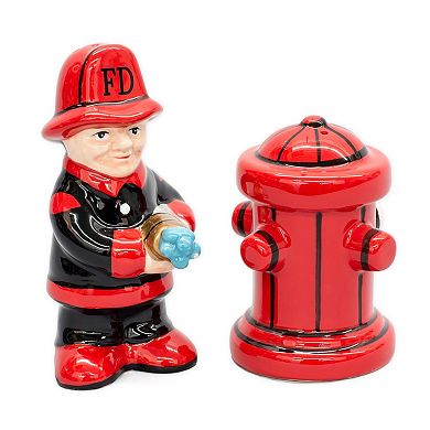 Fireman with Hose and Hydrant 4 Inch Ceramic Magnetic Salt and Pepper Shaker Set Novelty Gift