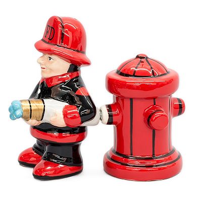 Fireman with Hose and Hydrant 4 Inch Ceramic Magnetic Salt and Pepper Shaker Set Novelty Gift