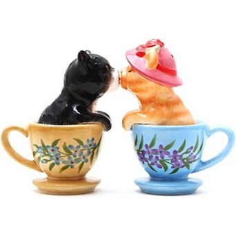 Pacific Trading Kissing Kittens Cats in Tea Cup Ceramic Magnetic Salt and Pepper Shaker Set