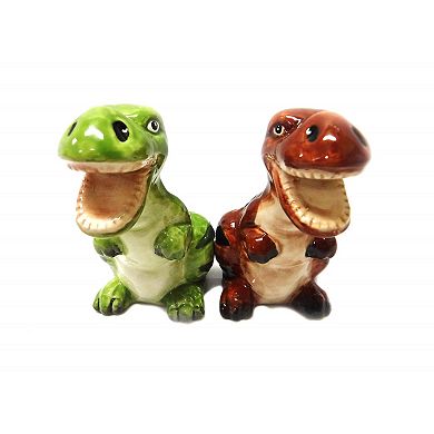 Green and Brown Dinosaurs Ceramic Magnetic Salt and Pepper Shaker Set