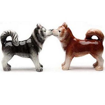 Kissing Siberian Huskies Ceramic Magnetic Salt and Pepper Shaker Set