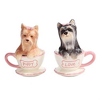Pacific Trading Yorkie in Tea Cup Yorkshire Terriers Ceramic Salt and Pepper Shakers Set