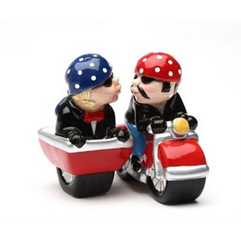 Husband and Wife Biker Motorcycle and Sidecar Ceramic Magnetic Salt and Pepper Shakers Set
