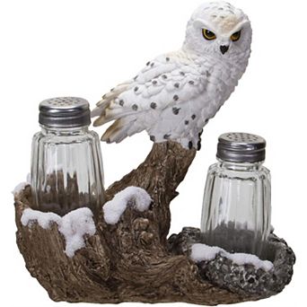 Snow White Owlet Owl On Snowy Branch Glass Salt Pepper Shakers with Holder