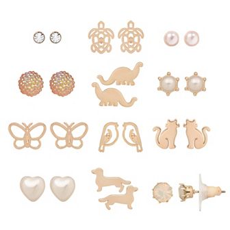 LC Lauren Conrad 12-Pair Rose Gold Tone Whimsy Critters & Simulated Pearls Earring Set