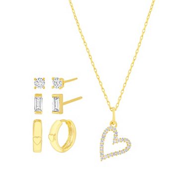 Paige Harper 14k Gold Flash Plated Cubic Zirconia Heart Necklace, 3-Pair Earring & Jewelry Box Set