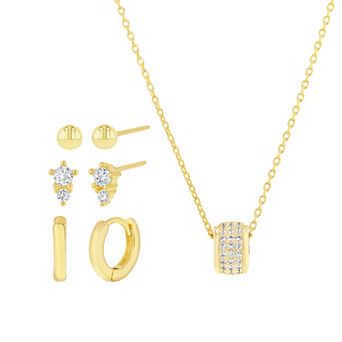 Paige Harper 14k Gold Flash Plated Cubic Zirconia Necklace, 3-Pair Earring & Jewelry Box Set