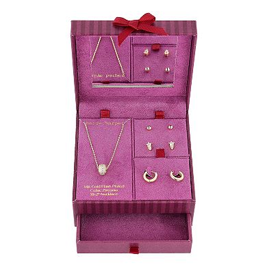Paige Harper 14k Gold Flash Plated Cubic Zirconia Necklace, 3-Pair Earring & Jewelry Box Set