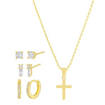 Paige Harper 14k Gold Flash Plated Cross Necklace, 3-Pair Cubic Zirconia Earring & Jewelry Box Set