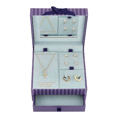 Paige Harper 14k Gold Flash Plated Cross Necklace, 3-Pair Cubic Zirconia Earring & Jewelry Box Set