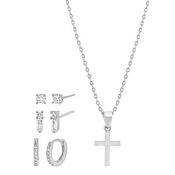 Paige Harper Fine Silver Cubic Zirconia Cross Necklace, 3-Pair Earring & Jewelry Box Set