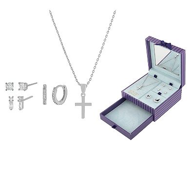 Paige Harper Fine Silver Cubic Zirconia Cross Necklace, 3-Pair Earring & Jewelry Box Set