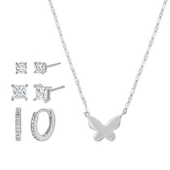 Paige Harper Fine Silver Butterfly Necklace, 3-Pair Cubic Zirconia Earring & Jewelry Box Set