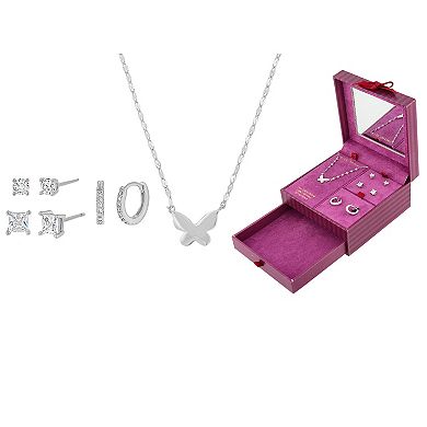 Paige Harper Fine Silver Butterfly Necklace, 3-Pair Cubic Zirconia Earring & Jewelry Box Set