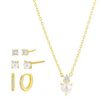 Paige Harper 14k Gold Flash Plated 5 pc Simulated Pearl & Cubic Zirconia Necklace, Earrings & Jewelry Box Set