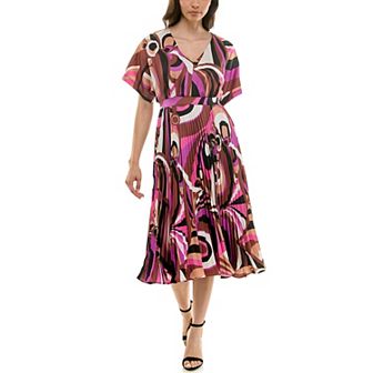 Women's Maison Tara Mod Print V-Neck Pleat Skirt Dress