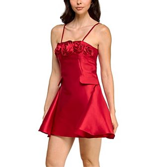 Juniors' Maison Tara Satin Rosette Fit & Flare Dress