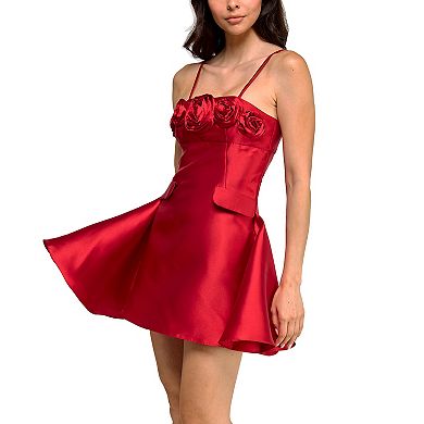 Juniors' Maison Tara Satin Rosette Fit & Flare Dress