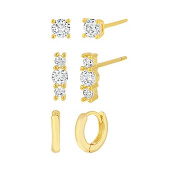 Paige Harper 14k Gold Flash Plated 3-Pair Earring Set & Ceramic Trinket Tray