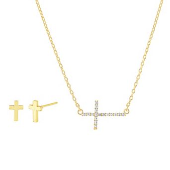 Paige Harper 14k Gold Flash Plated Cubic Zirconia Sideways Cross Necklace & Cross Stud Earring Set