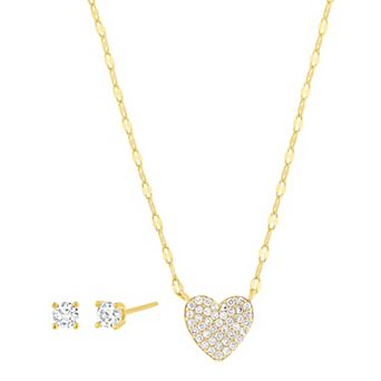 Paige Harper 14k Gold Flash Plated Heart Necklace & Cubic Zirconia Stud Earring Set