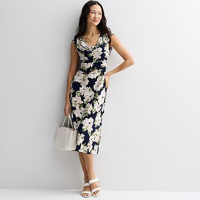Women's Studio Connection Printed Cap Sleeve Drape Neck Midi Dress
