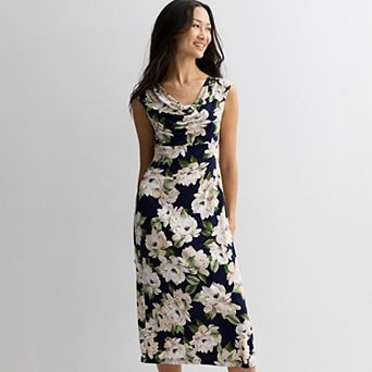 Women's Studio Connection Printed Cap Sleeve Drape Neck Midi Dress