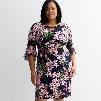 Plus Size Studio Connection Printed Chiffon Bell Sleeve Faux Wrap Dress