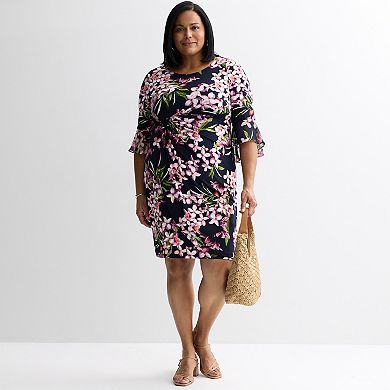 Plus Size Studio Connection Printed Chiffon Bell Sleeve Faux Wrap Dress