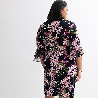 Plus Size Studio Connection Printed Chiffon Bell Sleeve Faux Wrap Dress