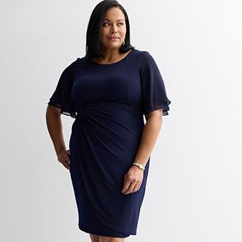 Plus Size Studio Connection Short Double Chiffon Flutter Sleeve Side Drape Faux Wrap Dress