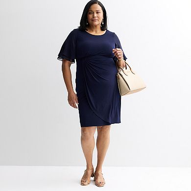 Plus Size Studio Connection Short Double Chiffon Flutter Sleeve Side Drape Faux Wrap Dress