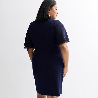 Plus Size Studio Connection Short Double Chiffon Flutter Sleeve Side Drape Faux Wrap Dress