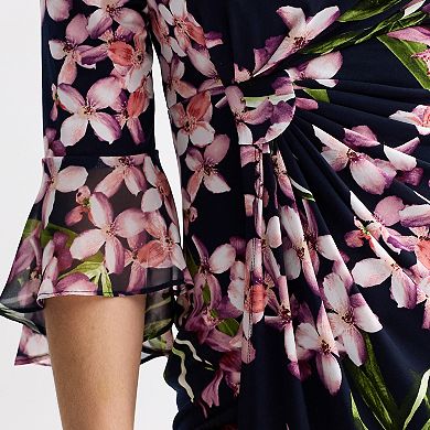 Petite Studio Connection Printed Side Drape Skirt & 3/4 Chiffon Bell Sleeve Top