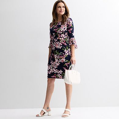 Petite Studio Connection Printed Side Drape Skirt & 3/4 Chiffon Bell Sleeve Top